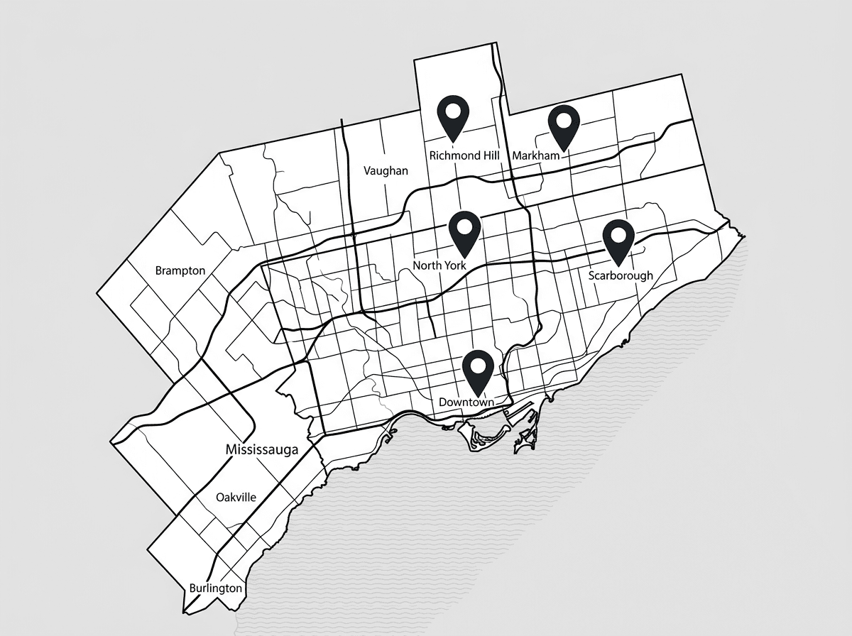 Map of the Greater Toronto Area showing HyperTherapy mobile massage service areas: Toronto, North York, Scarborough, Markham, and Richmond Hill