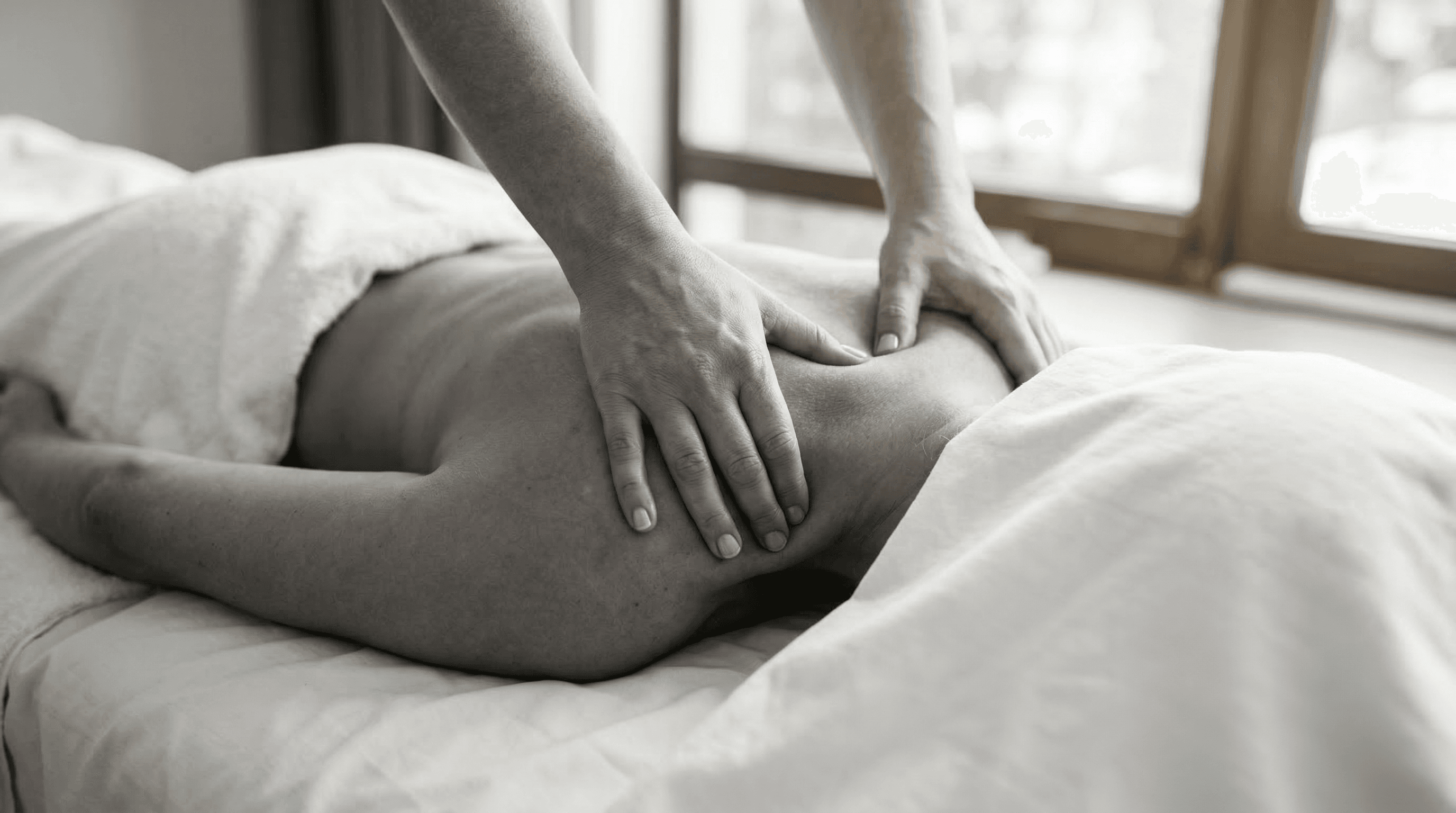 Close-up of hands applying deep tissue pressure to a client's lower back with white linens