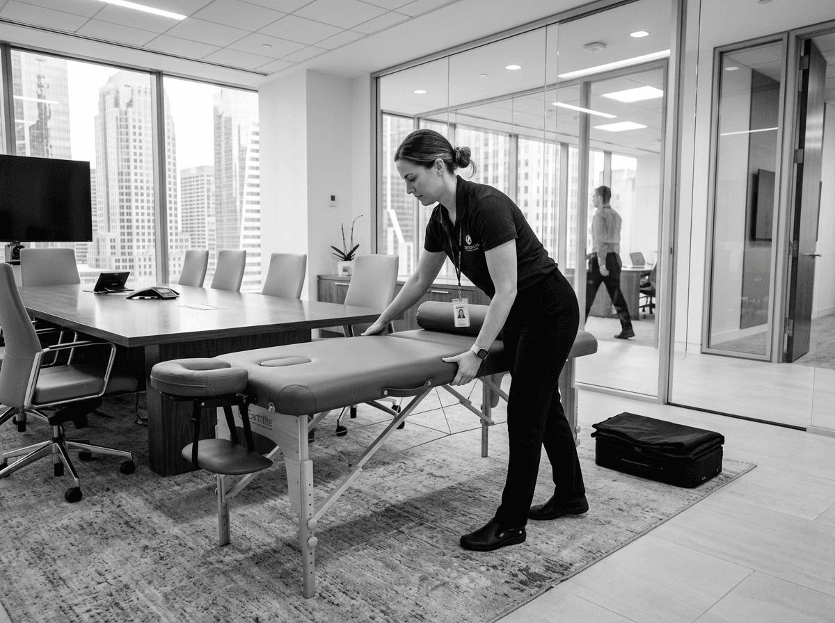 Professional massage table setup in a modern corporate office boardroom