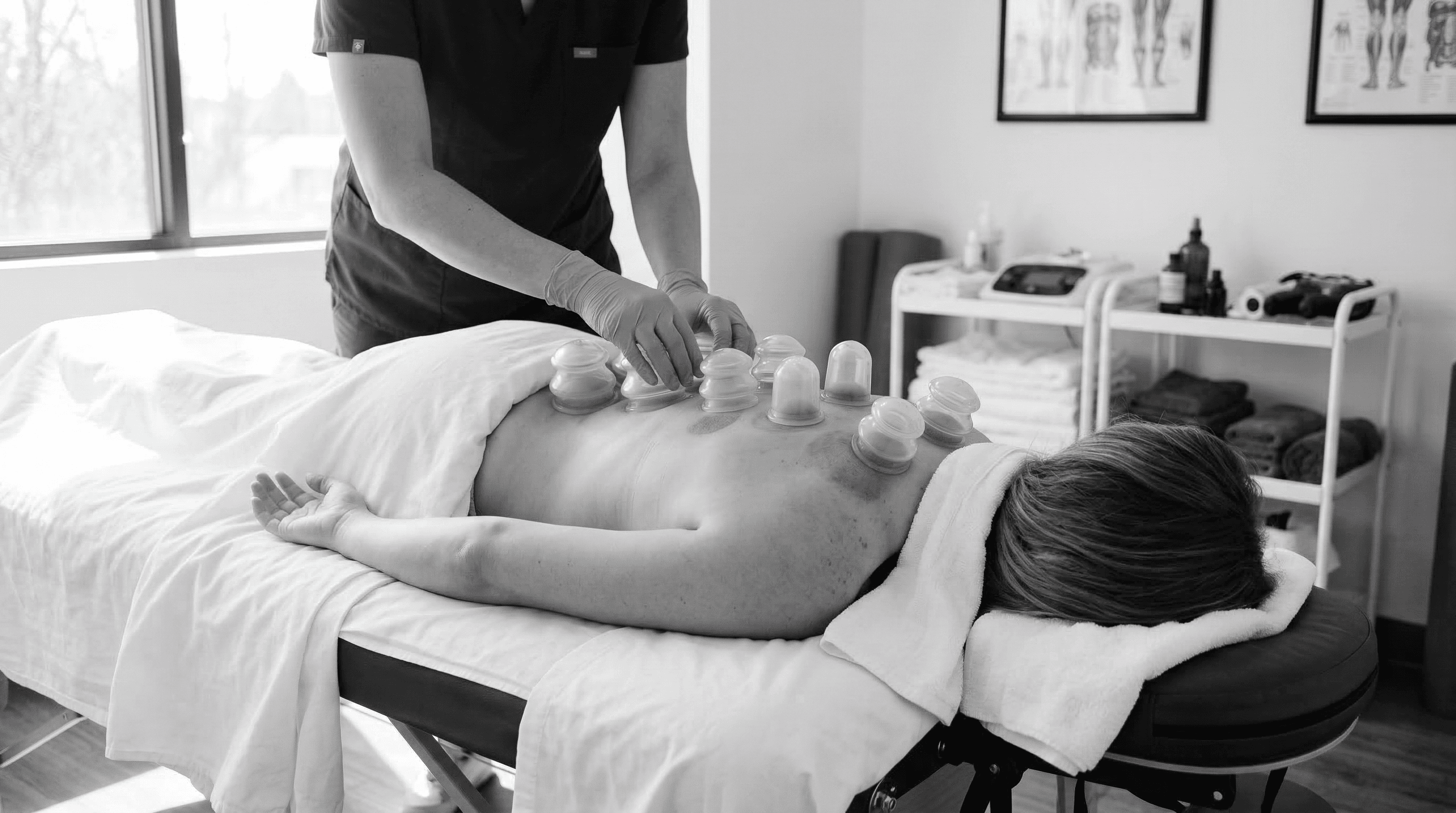 Cupping therapy session with silicone cups placed along a client's upper back