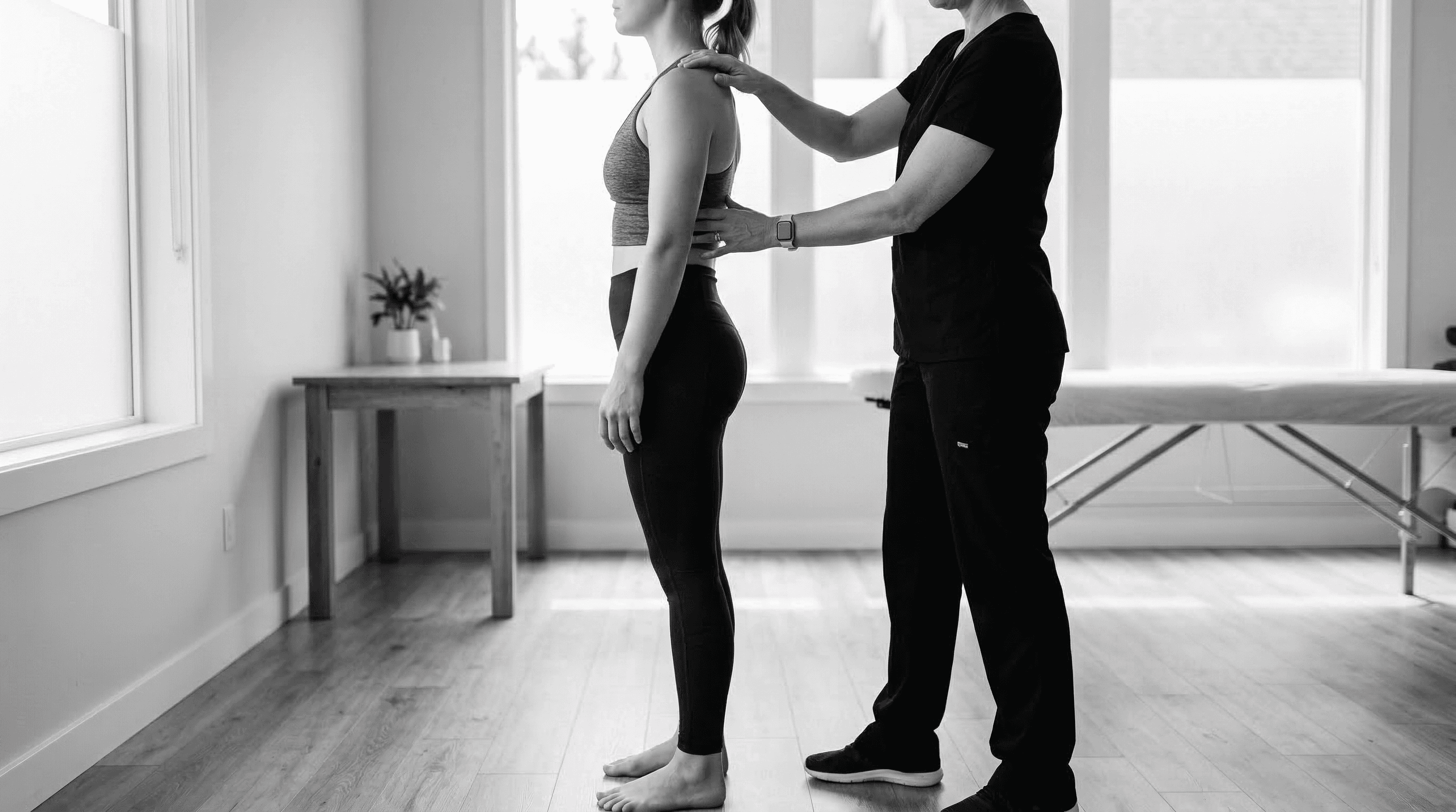Therapist assessing a client's standing posture from the side, evaluating shoulder alignment and forward head position