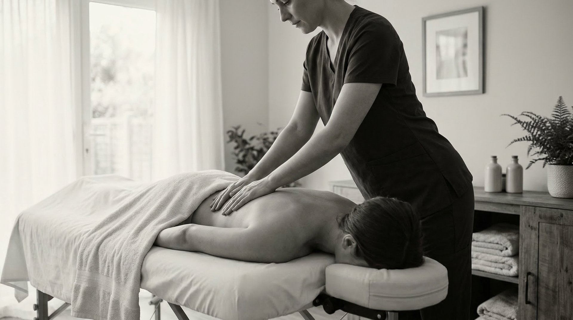 A Registered Massage Therapist treating a client's back on a massage table in a bright treatment room
