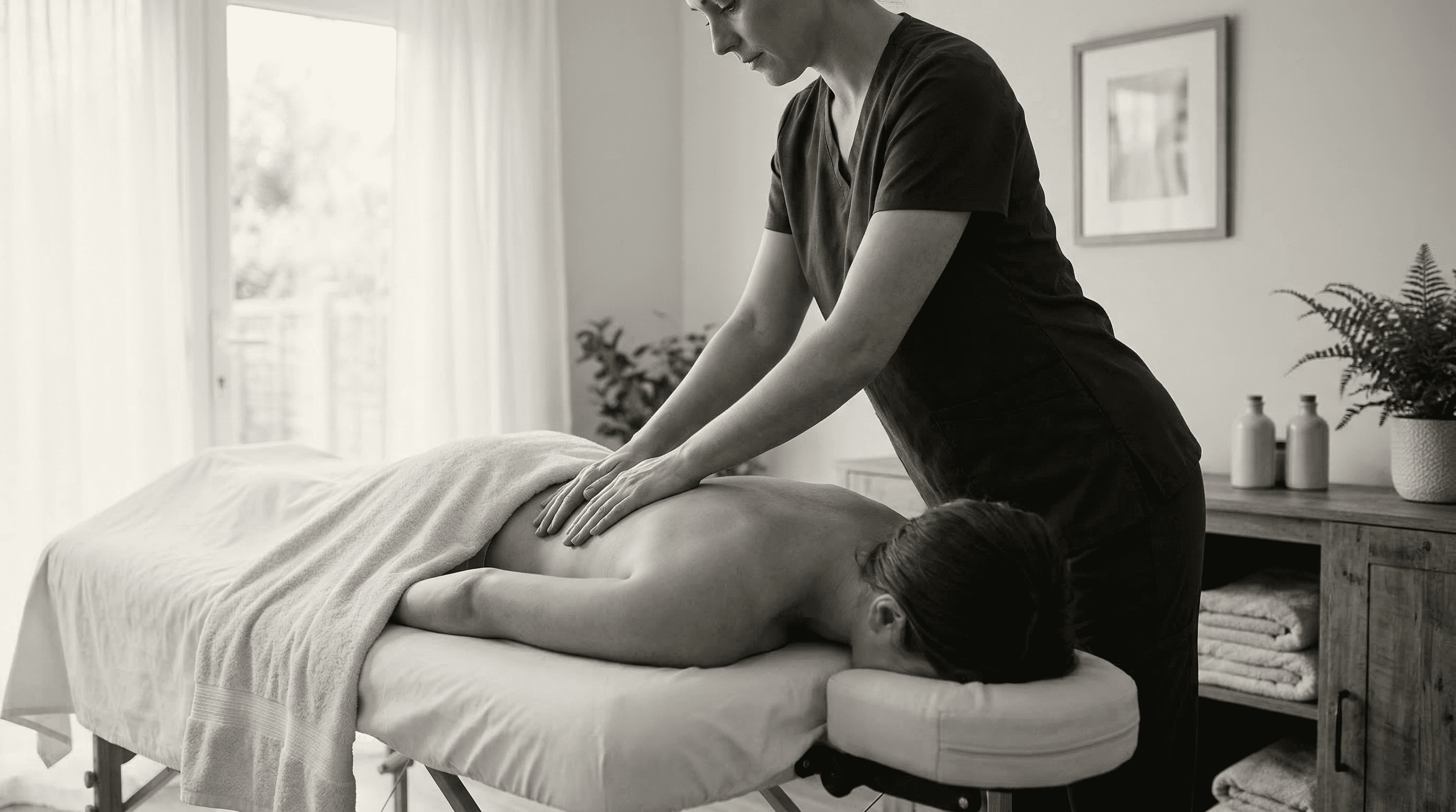 Therapist performing a flowing back massage on a client lying face-down on a professional massage table